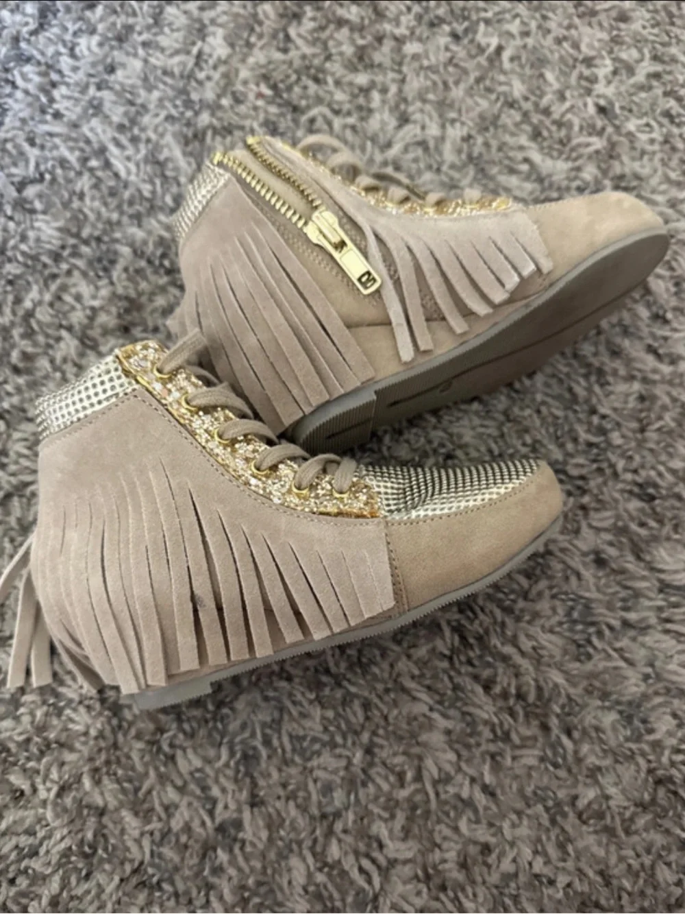 Joyfolie Tan and Gold Fringe High-Top Boots for Kids
